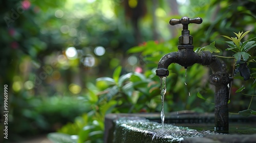 Water faucet in an outdoor lush park setting