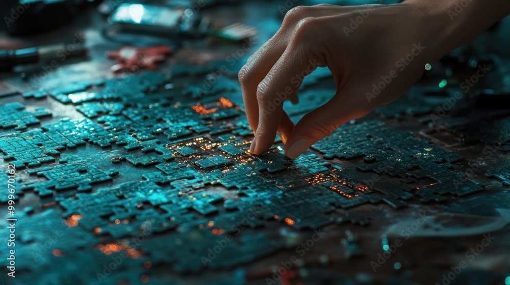 A hand carefully places a puzzle piece on a dimly lit table filled with puzzle pieces. A hand carefully places a puzzle piece on a dimly lit table filled with puzzle pieces.