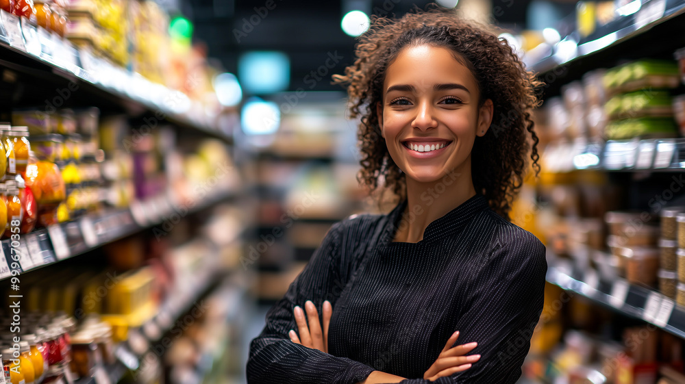 Professional Supermarket Manager Smiling with Satisfaction Among Store Aisles. Professional Supermarket Manager Smiling with Satisfaction Among Store Aisles.