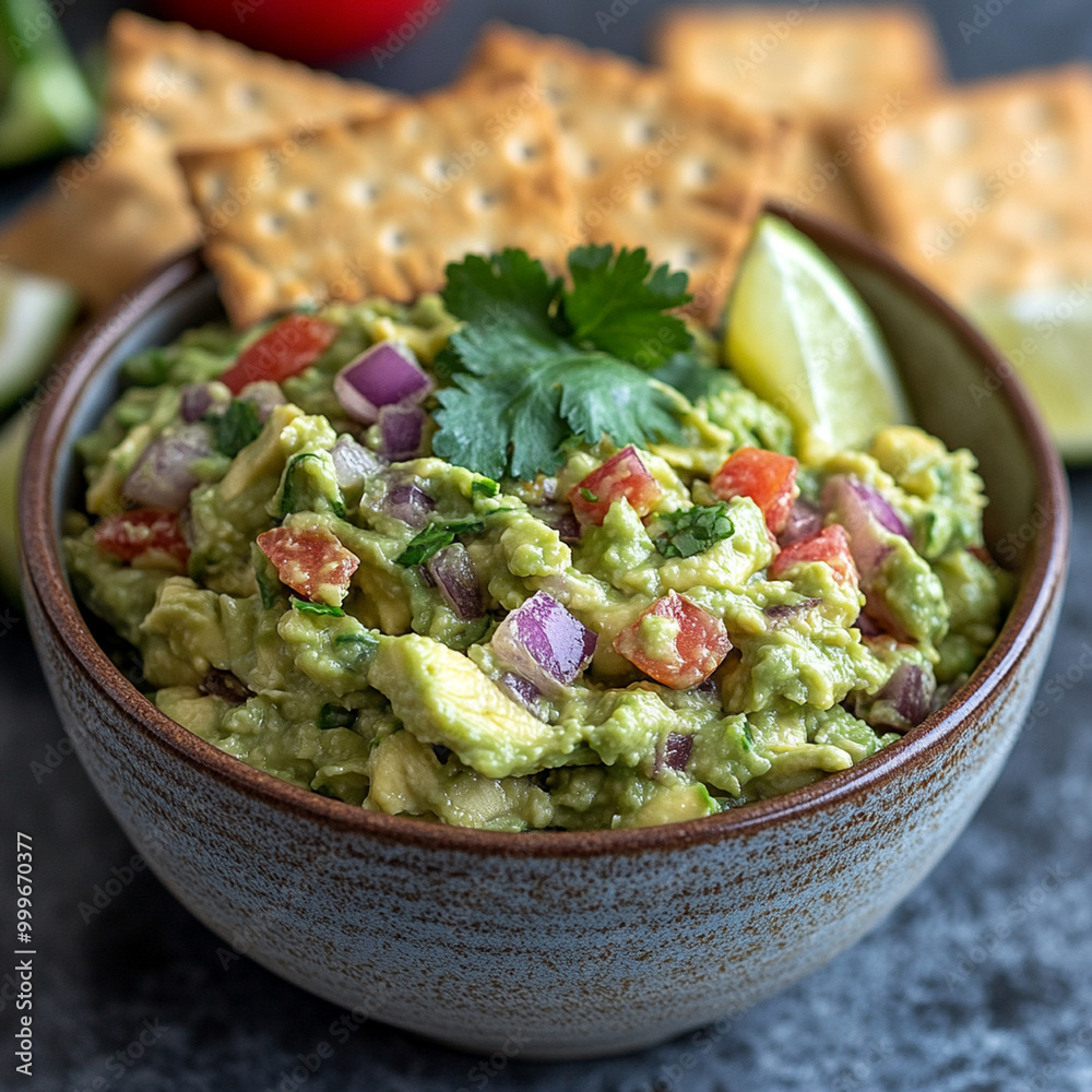 A vibrant bowl of fresh guacamole is served with crispy whole grain crackers, garnished with cilantro and lime. This delicious dip is perfect for sharing and adds burst of flavor to any gathering A vibrant bowl of fresh guacamole is served with crispy whole grain crackers, garnished with cilantro and lime. This delicious dip is perfect for sharing and adds burst of flavor to any gathering