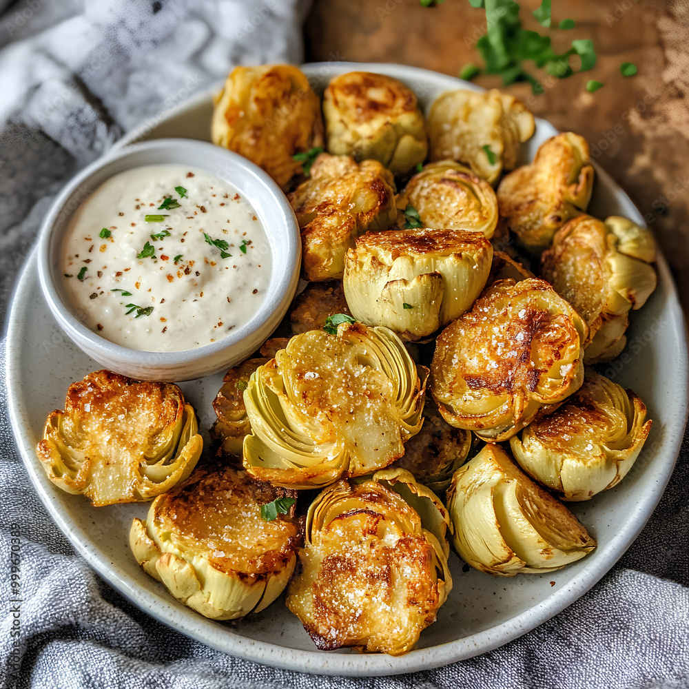 Crispy Roasted Artichoke Hearts with Creamy Dipping Sauce on Plate Crispy Roasted Artichoke Hearts with Creamy Dipping Sauce on Plate
