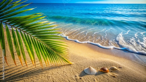 Palm Leaf and Seashells on Sandy Beach with Turquoise Ocean Water