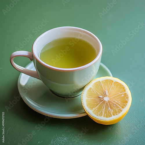 A soothing cup of green tea accompanied by fresh lemon wedge, perfect for relaxation and rejuvenation. vibrant colors create calming atmosphere