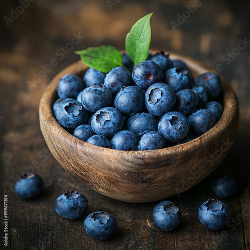 Fresh blueberries in rustic wooden bowl evoke sense of natural beauty and health. These vibrant berries are perfect for nutritious snack or ingredient in various dishes