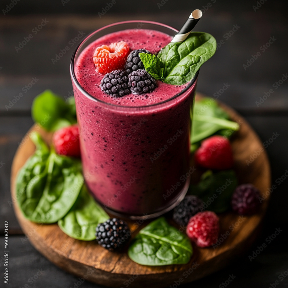 Fresh smoothie with mixed berries, spinach, and yogurt, served in glass. This vibrant drink is garnished with fresh berries and mint, perfect for healthy boost Fresh smoothie with mixed berries, spinach, and yogurt, served in glass. This vibrant drink is garnished with fresh berries and mint, perfect for healthy boost