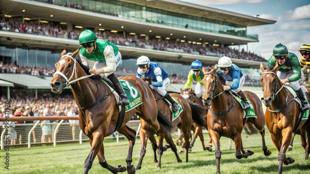 Spring Racing Carnival, horses galloping on the lush green track, background of spectator stands full of cheering people, Spring Racing Carnival, horses galloping on the lush green track, background of spectator stands full of cheering people,