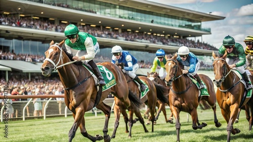 Spring Racing Carnival, horses galloping on the lush green track, background of spectator stands full of cheering people,