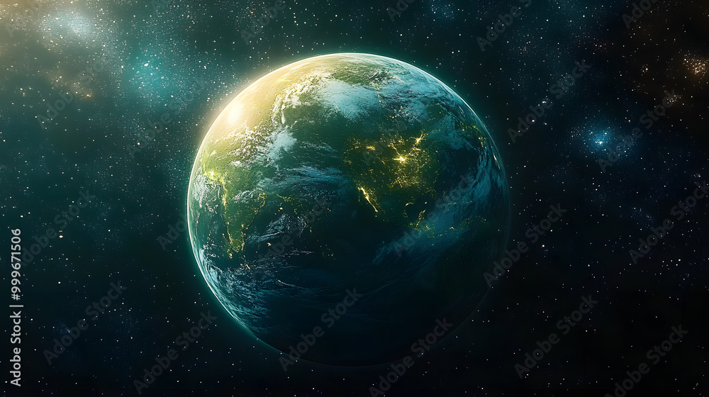 Fototapeta premium Green planet with space and stars