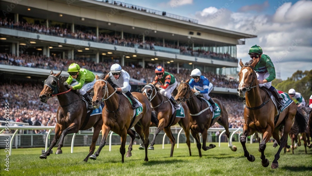 Spring Racing Carnival, horses galloping on the lush green track, background of spectator stands full of cheering people, Spring Racing Carnival, horses galloping on the lush green track, background of spectator stands full of cheering people,