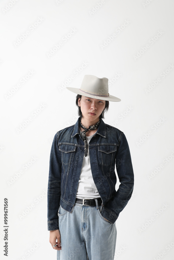 Headshot of young handsome Asian man wearing denim jacket posing indoor. Vertical. Headshot of young handsome Asian man wearing denim jacket posing indoor. Vertical.