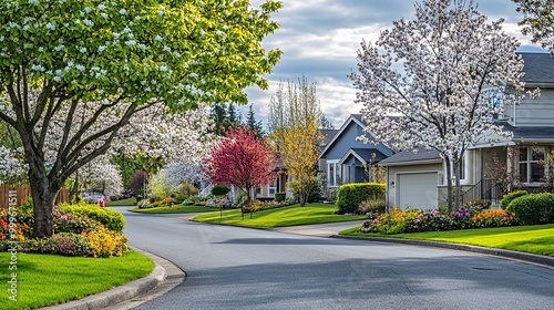 A quiet, tree-lined street in a residential neighborhood with blooming trees and well-maintained lawns.