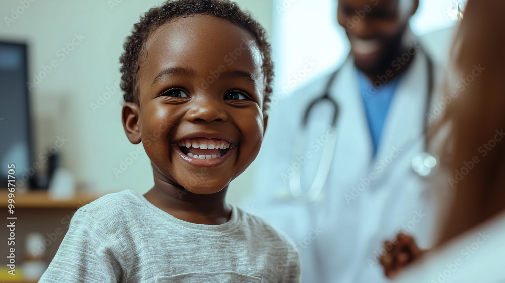 Naklejka premium Cheerful Black Child Undergoing a Medical Checkup in a Doctor's Office.