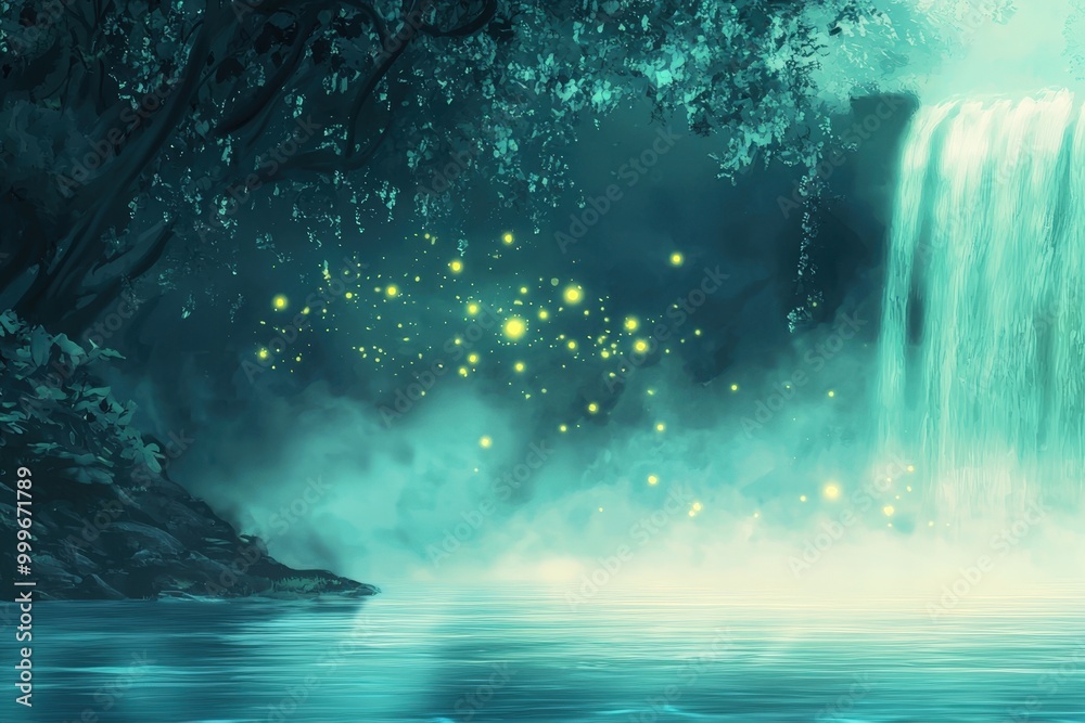 Mystical waterfall glowing with fireflies under a moonlit sky in a serene forest setting Mystical waterfall glowing with fireflies under a moonlit sky in a serene forest setting
