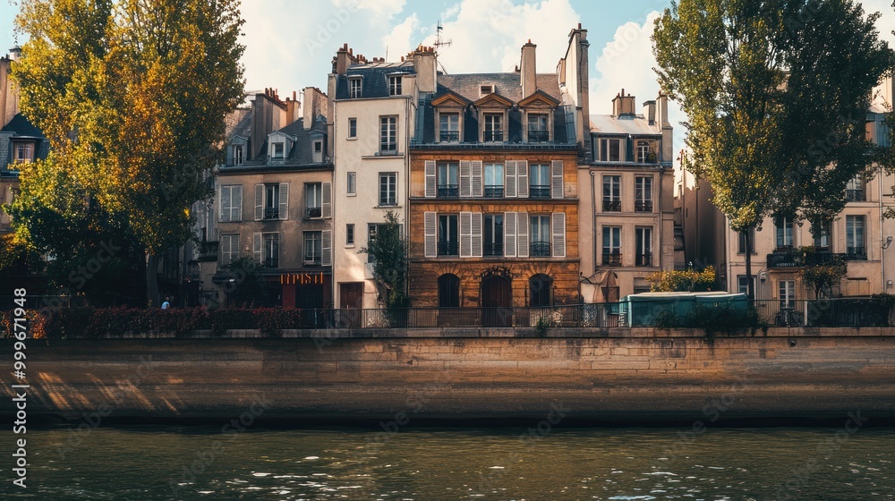 Fototapeta premium Scenic view of historic buildings along a riverbank with trees and clouds.