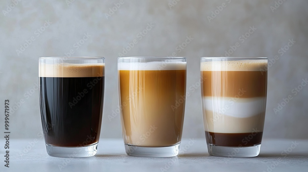 A line-up of coffee drinks: black coffee, cafe au lait, and a flat white, each in a clear glass showcasing their color layers. A line-up of coffee drinks: black coffee, cafe au lait, and a flat white, each in a clear glass showcasing their color layers.