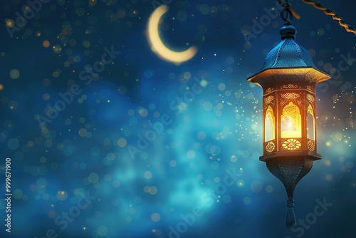 Holy month of Ramadan concept. Burning, lighting, glowing Ramadan Lantern on white table on the background of a dark blue textured wall. Greetings card. Place for text on the left.