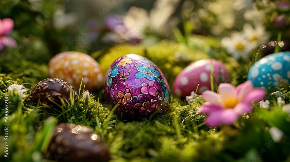 Colorful Easter eggs in a bed of moss and flowers. Colorful Easter eggs in a bed of moss and flowers.