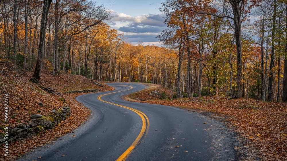 Fototapeta premium A winding road through a forest in autumn, showcasing vibrant foliage and a serene atmosphere.