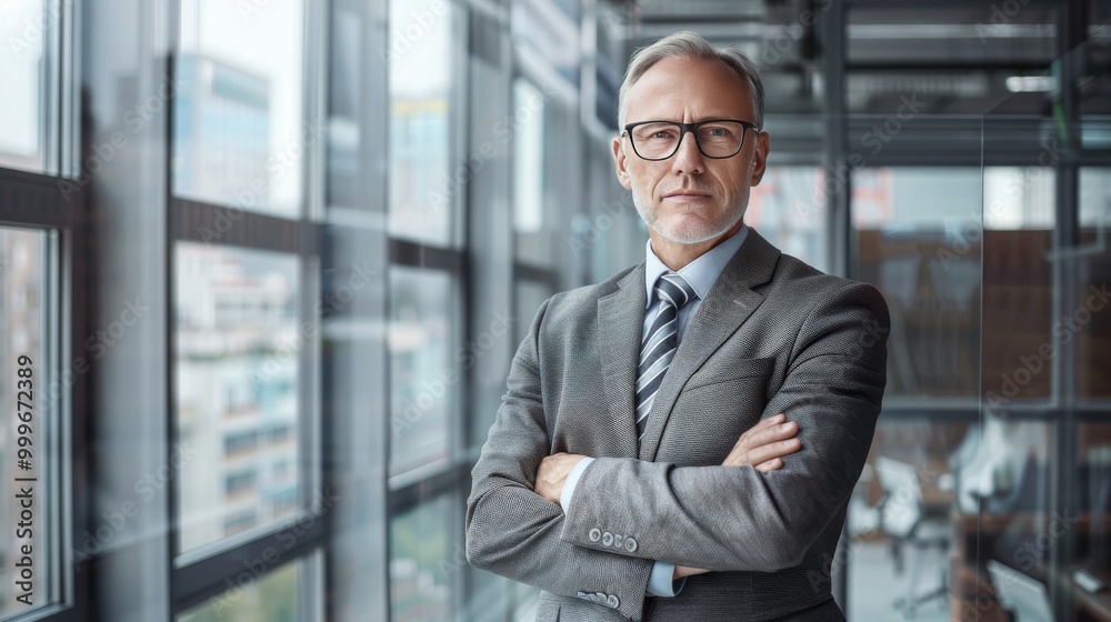 Fototapeta premium Distinguished middle-aged businessman in a sleek office wearing a gray suit and striped tie