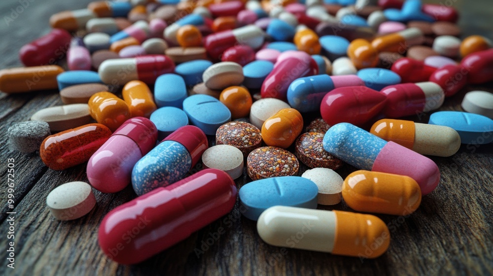 A variety of pharmaceutical medicine pills, tablets, and capsules are scattered across a wooden table, interspersed with natural herbs. A variety of pharmaceutical medicine pills, tablets, and capsules are scattered across a wooden table, interspersed with natural herbs.