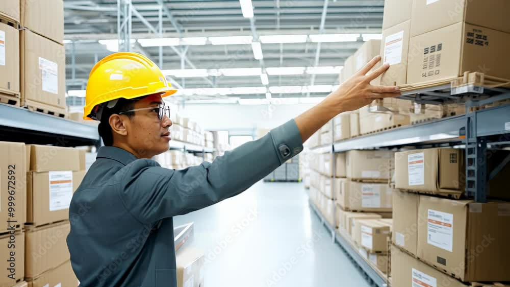 Industrial storage facility with a worker in protective gear inspecting rows of stacked goods and products in cardboard boxes Industrial storage facility with a worker in protective gear inspecting rows of stacked goods and products in cardboard boxes
