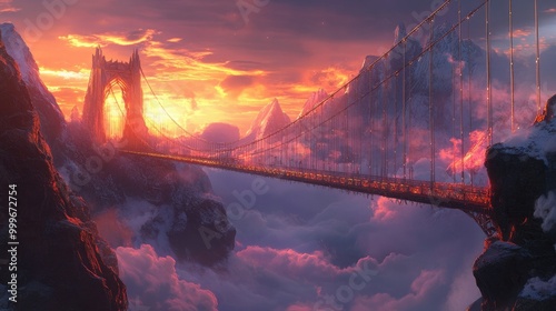 A peaceful scene of the Bifrost Bridge at twilight, with its colors shimmering softly, leading toward the golden gates of Asgard, with clouds drifting by.