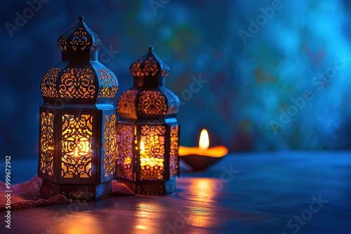 Holy month of Ramadan concept. Burning, lighting, glowing Ramadan Lantern on white table on the background of a dark blue textured wall. Greetings card. Place for text on the left.