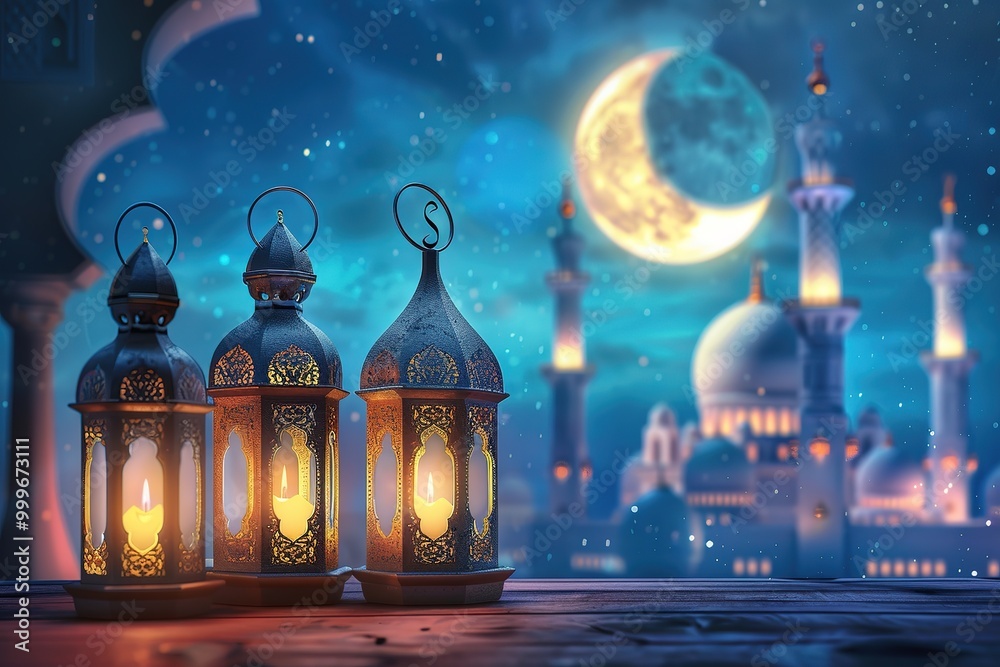 Holy month of Ramadan concept. Burning, lighting, glowing Ramadan Lantern on white table on the background of a dark blue textured wall. Greetings card. Place for text on the left. Holy month of Ramadan concept. Burning, lighting, glowing Ramadan Lantern on white table on the background of a dark blue textured wall. Greetings card. Place for text on the left.