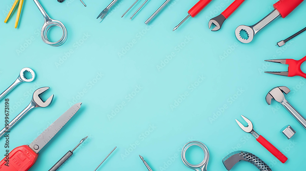A flat lay of various tools arranged around the border of a blue background. A flat lay of various tools arranged around the border of a blue background.