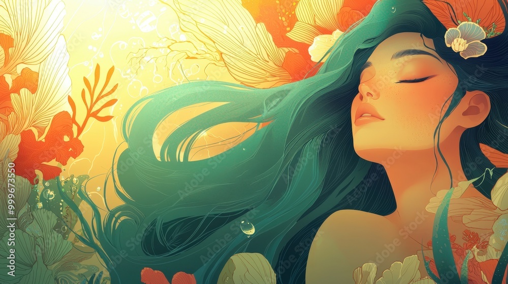 A tranquil woman with flowing hair amid colorful aquatic plants in a dreamy underwater scene A tranquil woman with flowing hair amid colorful aquatic plants in a dreamy underwater scene