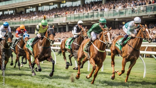 Spring Racing Carnival, horses galloping on the lush green track, background of spectator stands full of cheering people,