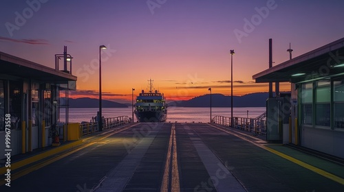 A vacant ferry terminal at sunset, the boats docked and the sky painted with hues of orange and pink, but no travelers in sight.
