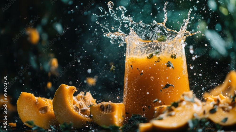 A splash of orange juice with fruit slices, highlighting freshness and vitality. A splash of orange juice with fruit slices, highlighting freshness and vitality.