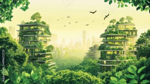 Illustration of a green sustainable urban area with eco-friendly buildings and lush greenery.