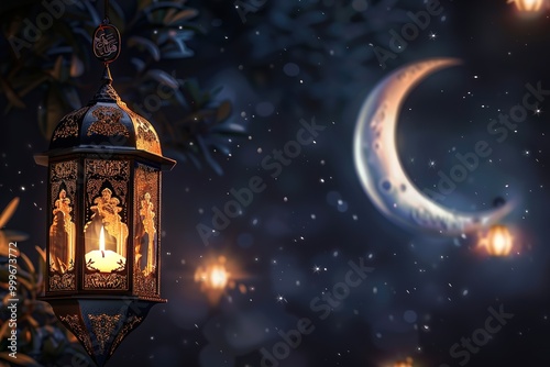 Holy month of Ramadan concept. Burning, lighting, glowing Ramadan Lantern on white table on the background of a dark blue textured wall. Greetings card. Place for text on the left.