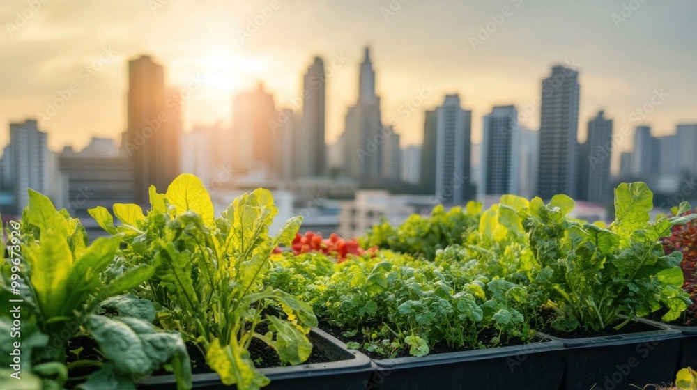 Fototapeta premium Urban rooftop garden with vegetables, close up, vibrant and lush, Double exposure silhouette with city skyline