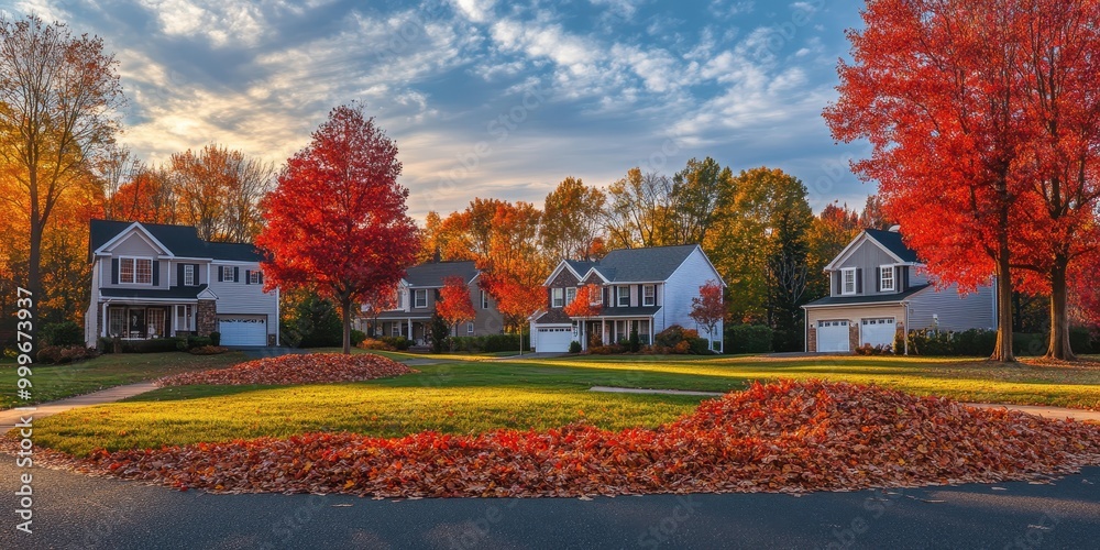 Obraz premium A picturesque suburban scene showcasing autumn foliage and charming homes.