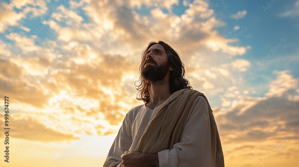 A man in traditional attire stands with a thoughtful expression, looking up at a colorful sky filled with clouds during sunset A man in traditional attire stands with a thoughtful expression, looking up at a colorful sky filled with clouds during sunset