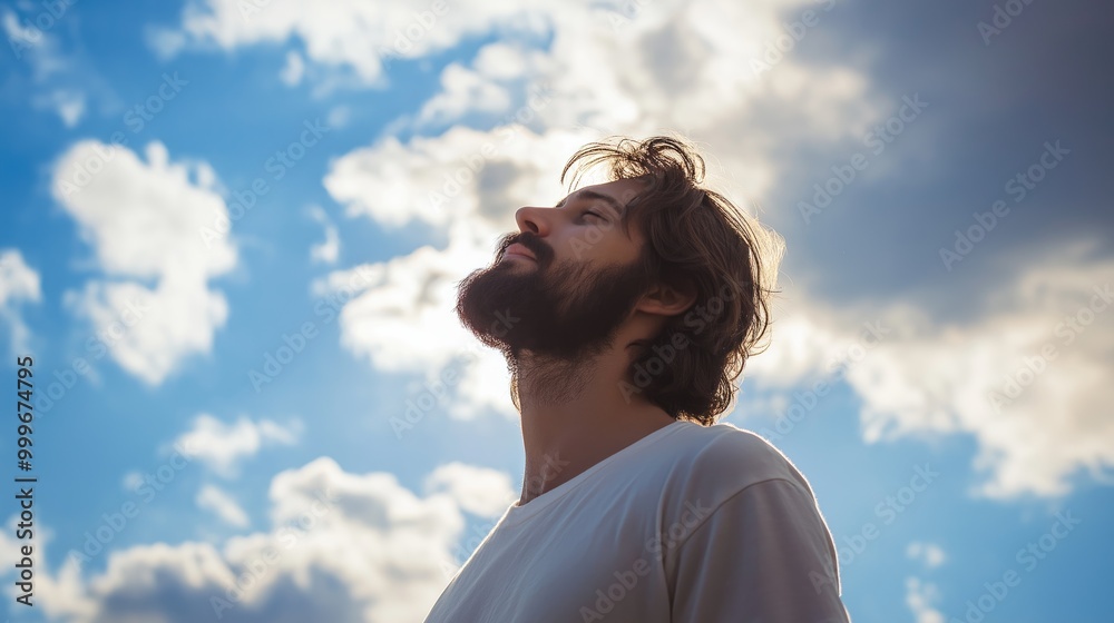 A man with a beard gazes upwards, savoring the beauty of the clear sky filled with scattered clouds on a bright afternoon A man with a beard gazes upwards, savoring the beauty of the clear sky filled with scattered clouds on a bright afternoon