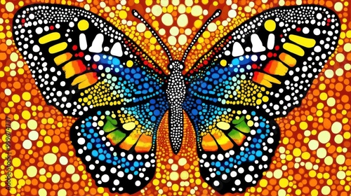 Australian Aboriginal dot painting style art dreaming with butterflies in traditional colors.