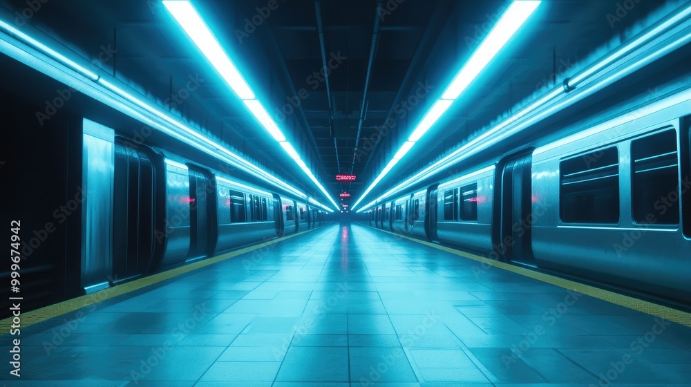 An empty subway station, the platform lit by fluorescent lights, with a single train waiting with open doors but no passengers. An empty subway station, the platform lit by fluorescent lights, with a single train waiting with open doors but no passengers.