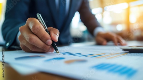 Close up hand of a businessman holding pen writing on the paper in office