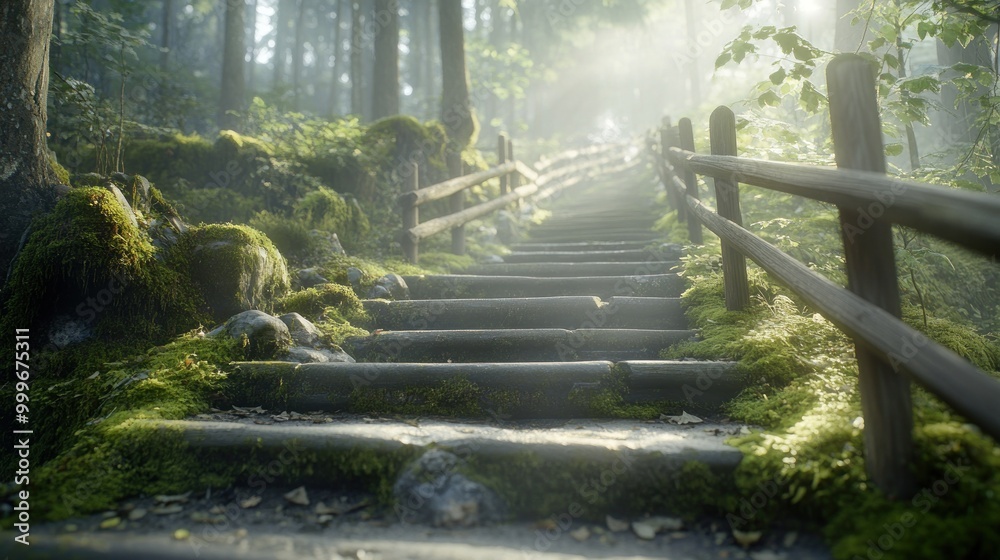 A serene forest path with moss-covered stairs leading into a misty, sunlit atmosphere. A serene forest path with moss-covered stairs leading into a misty, sunlit atmosphere.