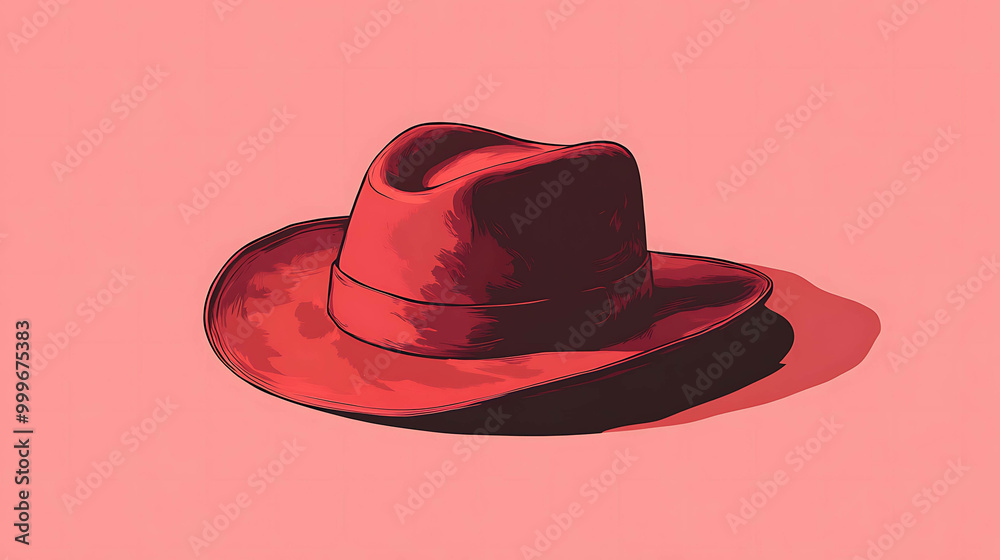 A red fedora hat against a pink background. A red fedora hat against a pink background.