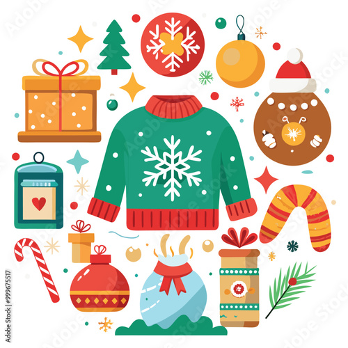 Christmas day illustration vector set of cool Christmas items, gifts, and decorations.All the icons are set against a white background.