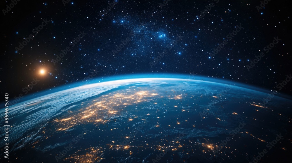 Earth as seen from a space station window, the curvature of the planet visible with vibrant blue oceans and landmasses, set against the backdrop of stars. Earth as seen from a space station window, the curvature of the planet visible with vibrant blue oceans and landmasses, set against the backdrop of stars.