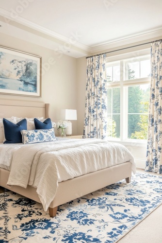 A blue and white floral-patterned rug adds splendor to the master bedroom.