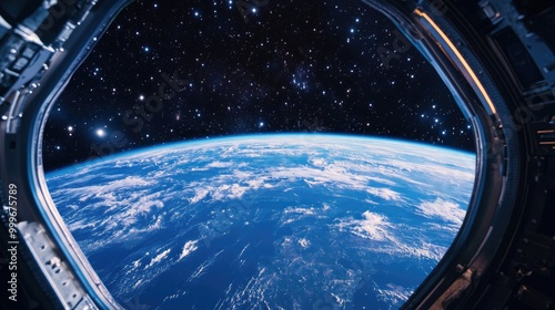 Fototapeta Naklejka Na Ścianę i Meble -  Earth as seen from a space station window, the curvature of the planet visible with vibrant blue oceans and landmasses, set against the backdrop of stars.