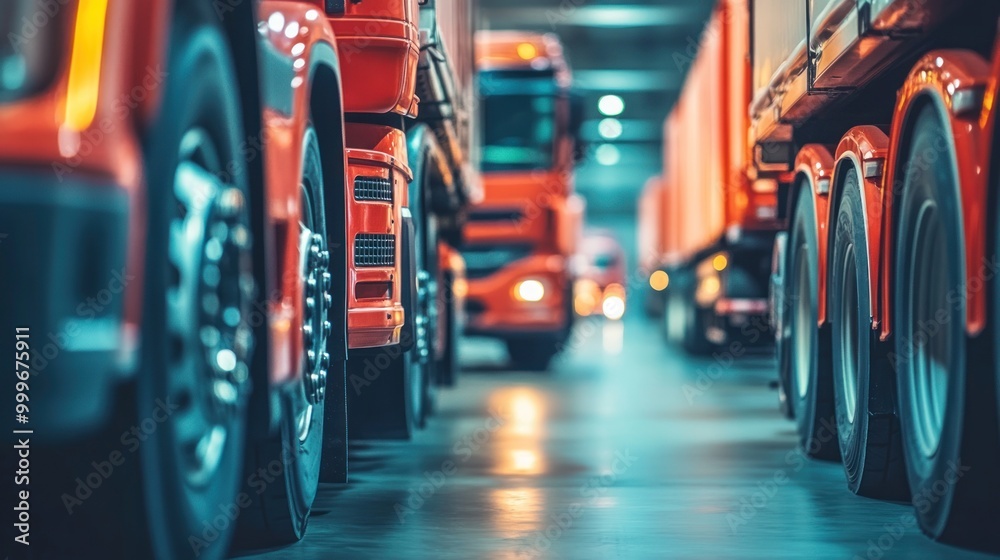 A row of trucks in a warehouse, emphasizing their size and industrial purpose. A row of trucks in a warehouse, emphasizing their size and industrial purpose.