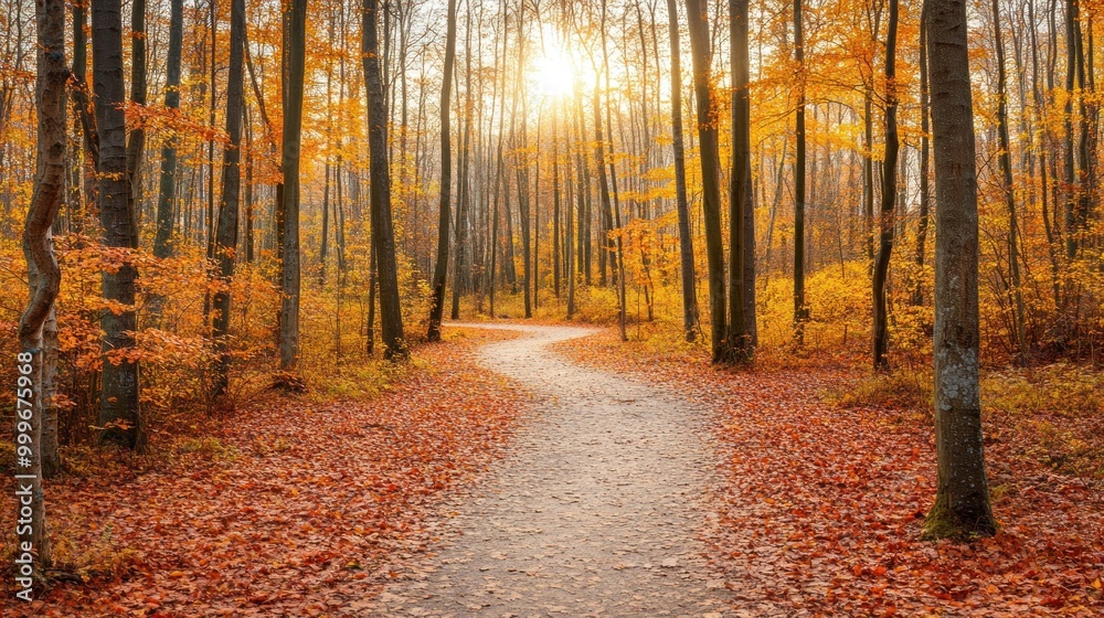 Fototapeta premium A winding path through a vibrant autumn forest illuminated by the setting sun.